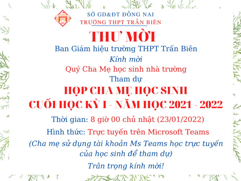 Thư mời Họp Cha Mẹ học sinh cuối Học kỳ I – NH 2021 – 2022