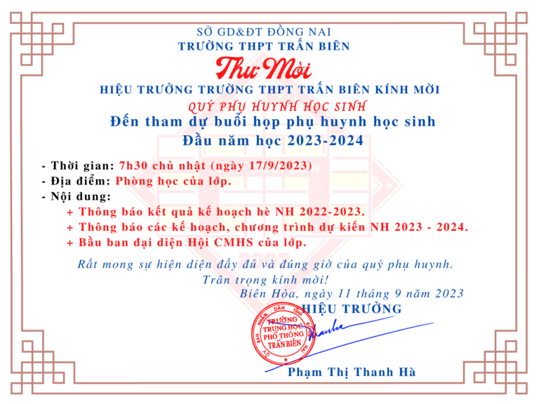 Thư mời họp phụ huynh học sinh đầu năm học 2023 – 2024