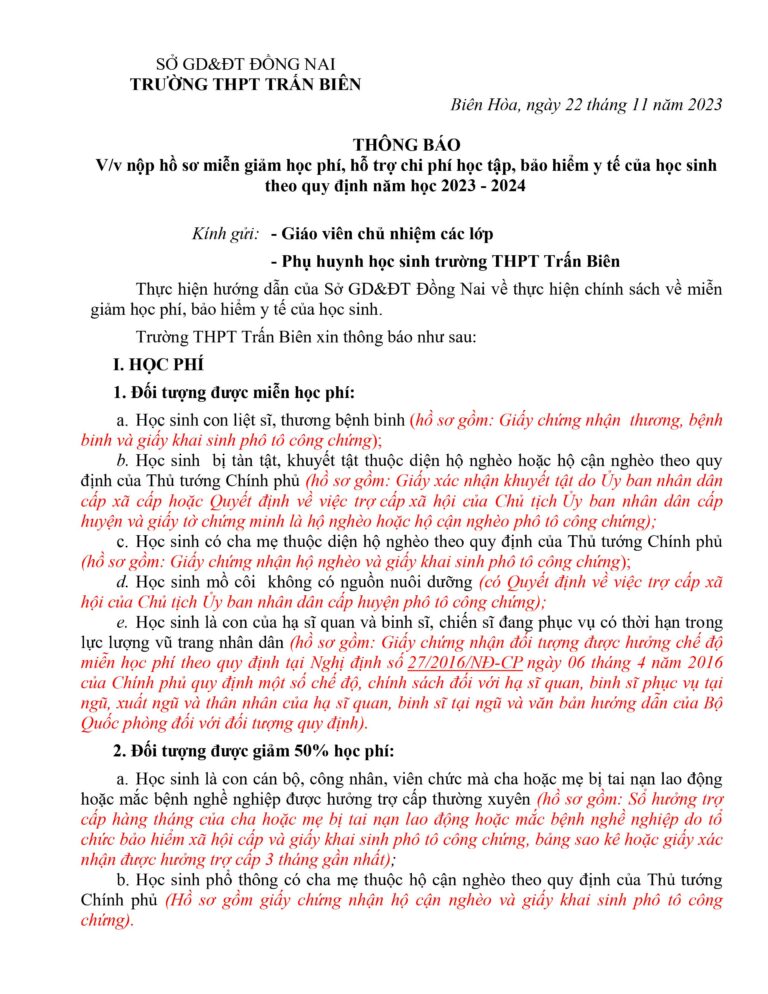 Thông báo v/v nộp hồ sơ miễn giảm học phí, hỗ trợ chi phí học tập, bảo hiểm y tế của học sinh theo quy định năm học 2023 – 2024