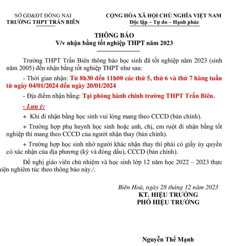 THÔNG BÁO  V/v nhận bằng tốt nghiệp THPT năm 2023 (học sinh có năm sinh 2005)