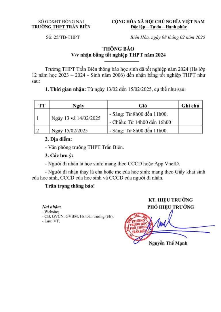 Thông báo phát bằng tốt nghiệp THPT năm 2024